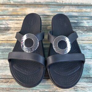Crocs Sanrah Slide Sandal Womens Sz 11 Black Rubber Wedge Slip On Comfort Casual